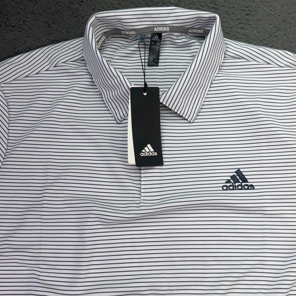 Adidas Polo Shirt Mens L White Striped Golf Performance GH1455 Short Sleeve